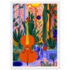 Violín con fondo de plantas y flores, arte digital colorido estilo abstracto para decoración, obra de Digiart Studio.