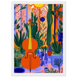 Violín con fondo de plantas y flores, arte digital colorido estilo abstracto para decoración, obra de Digiart Studio.