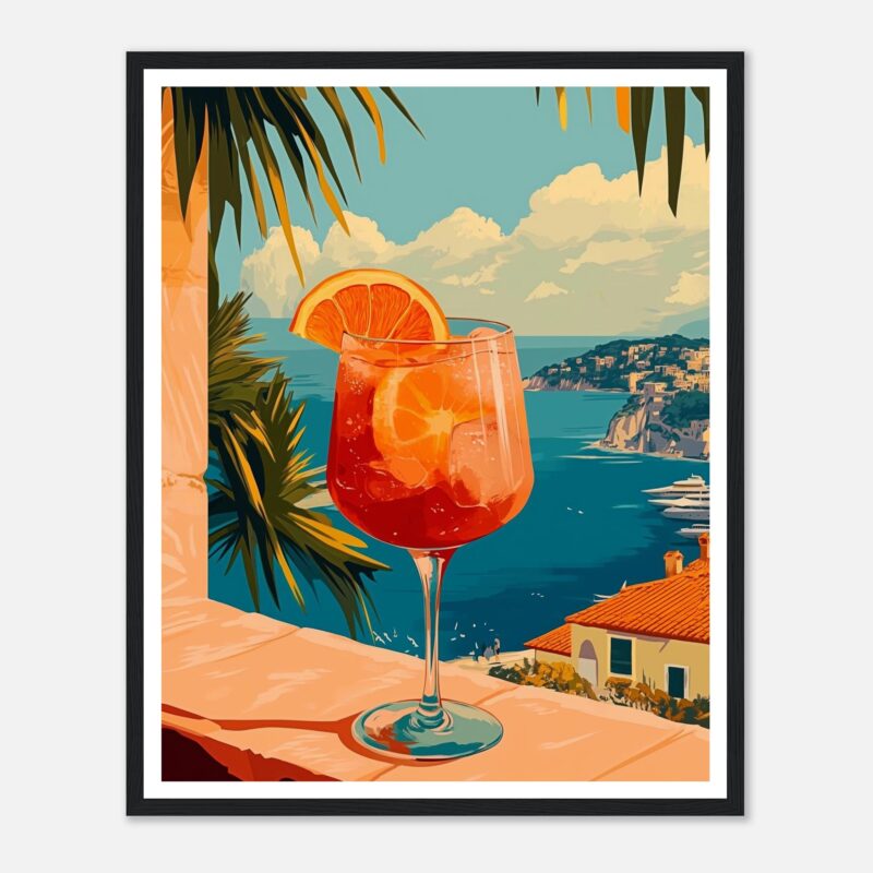 Refresco de cóctel con rodaja de naranja en un paisaje costero mediterráneo.