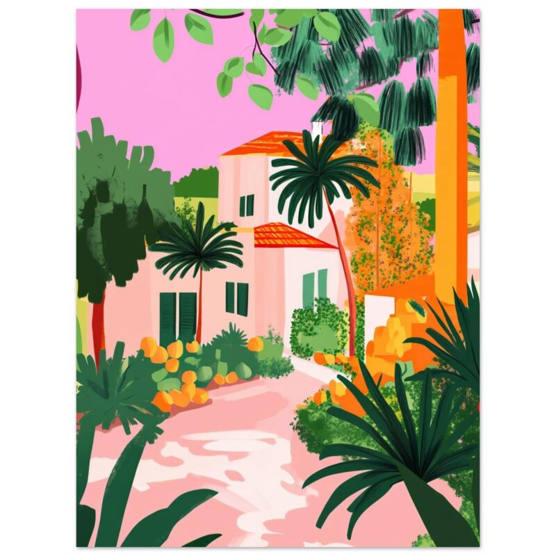 Casa de estilo mediterráneo rodeada de palmeras y vegetación exuberante en un entorno tropical.