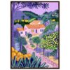 Colorida pintura de paisajes rurales con casas y jardines en tonos pastel y vibrantes.