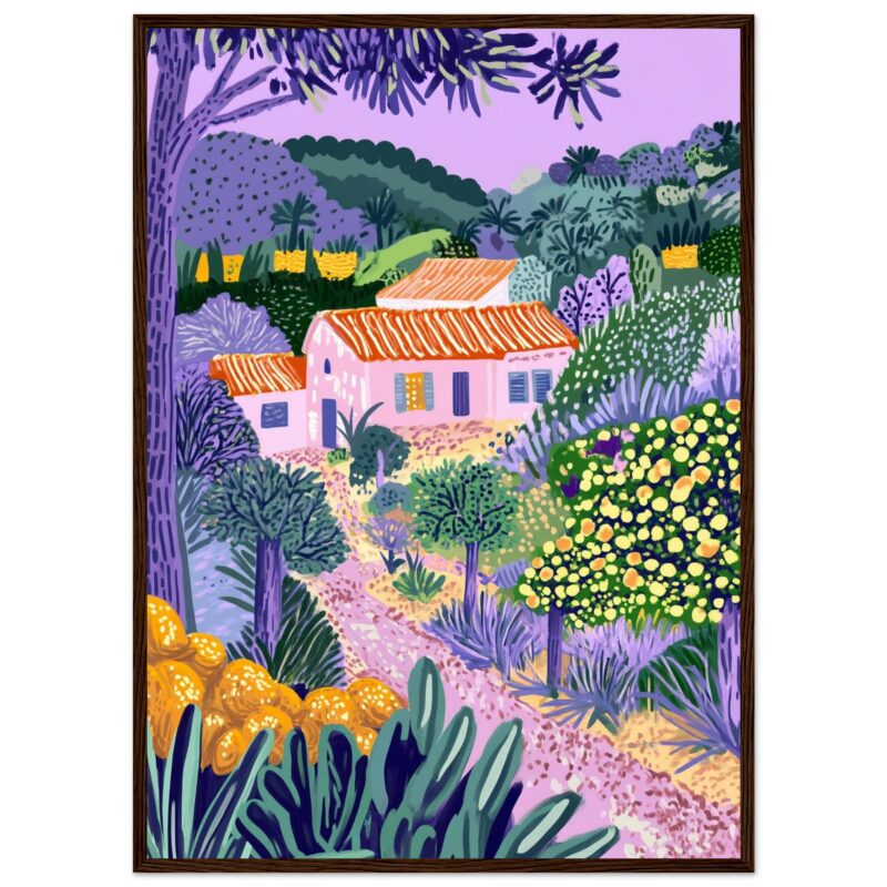 Colorida pintura de paisajes rurales con casas y jardines en tonos pastel y vibrantes.