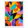 Vibrante pintura abstracta con formas de hojas de colores vivos en tela artística.