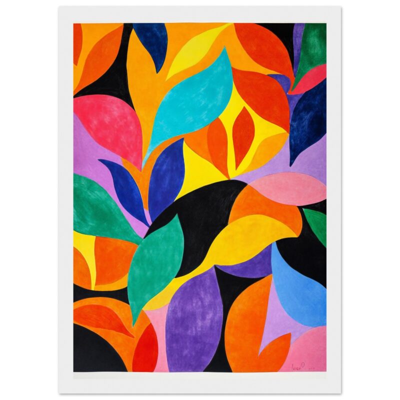 Vibrante pintura abstracta con formas de hojas de colores vivos en tela artística.