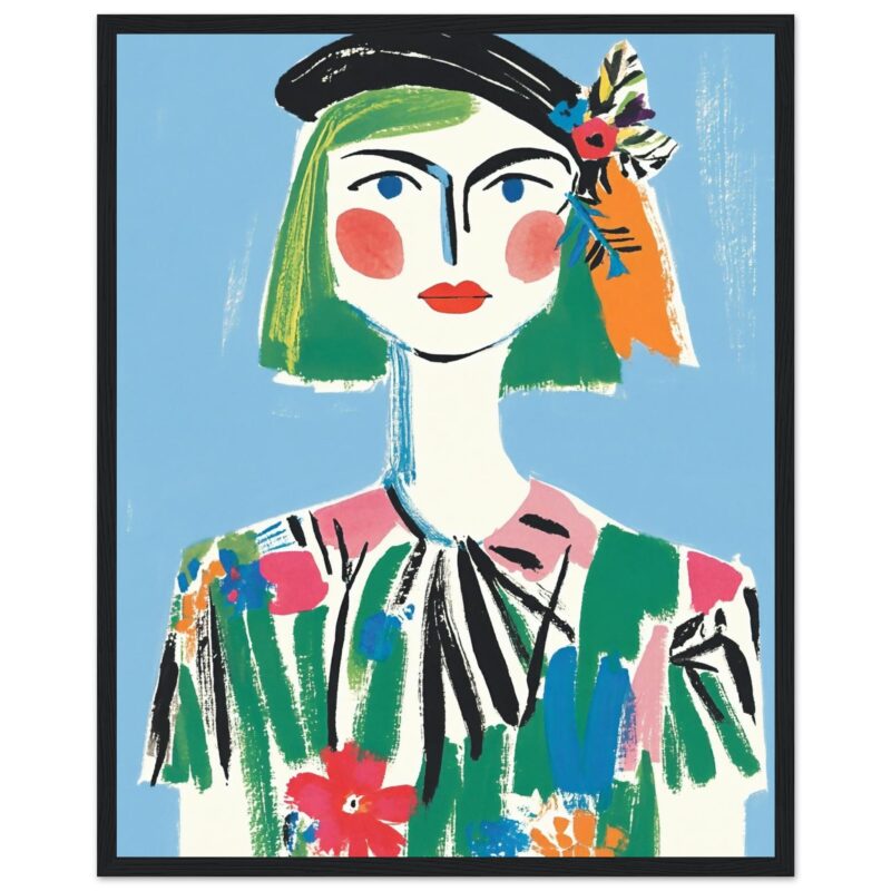 Hermosa pintura moderna de retrato femenino con estilo abstracto y colores vibrantes, ideal para decoración artística y contemporánea.