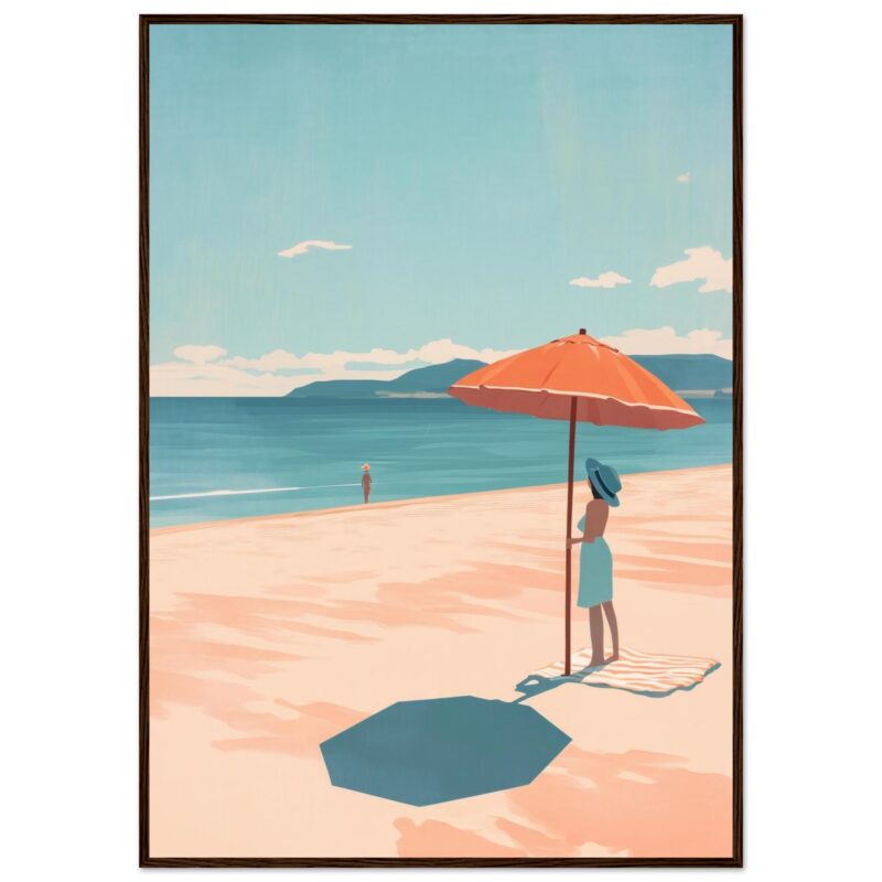 Sombrilla en la playa con mujer bajo el sol, vista al mar y sendero con sendero en el fondo.