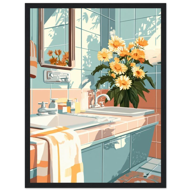 db2d7940-d32c-404a-be09-fc09b422fc12.jpg Jarrón con flores en un lavabo de baño, estilo digital, decoración interior, luz natural, ambiente acogedor.