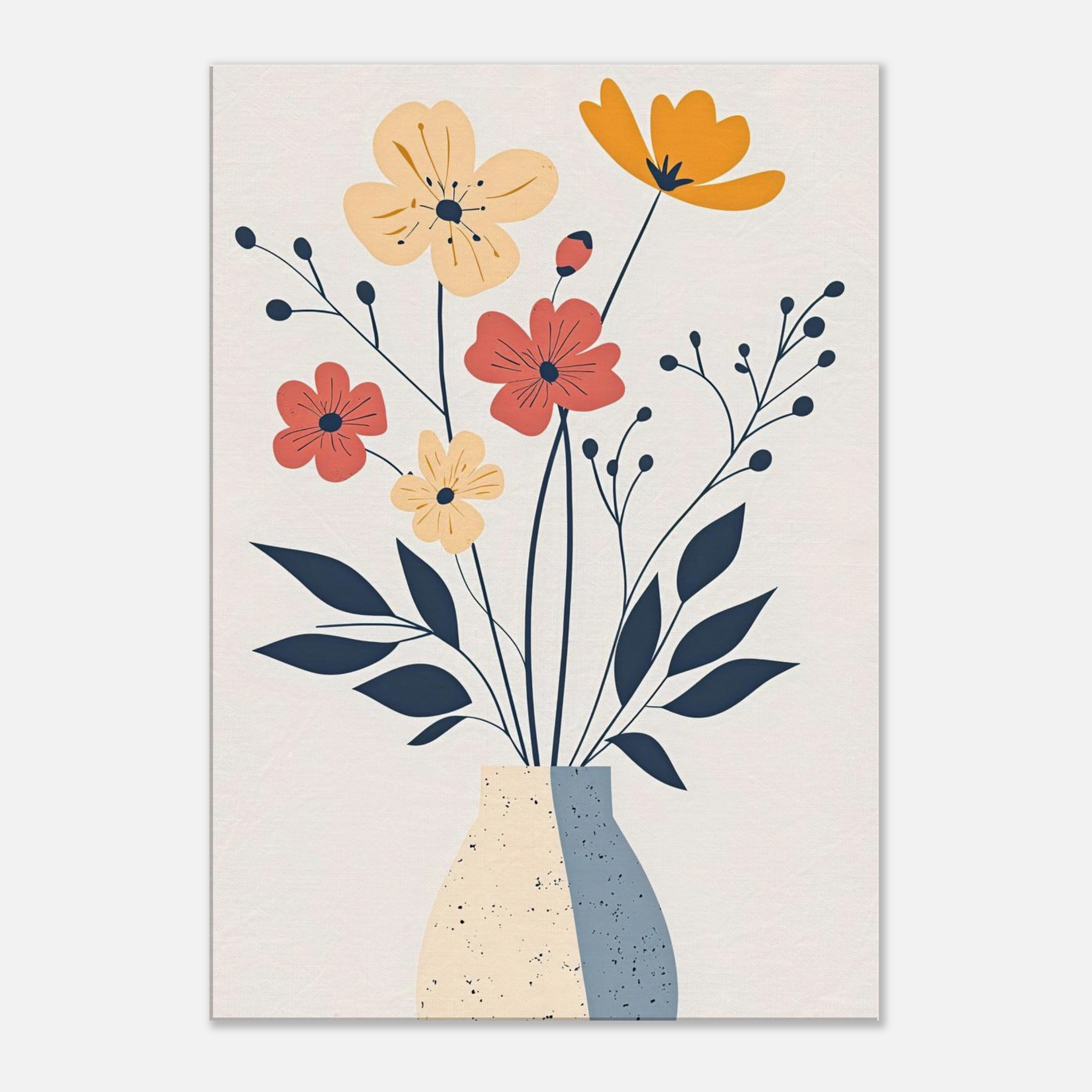 Colores vibrantes y diseño moderno de flores en jarrón inspirado en arte digital.