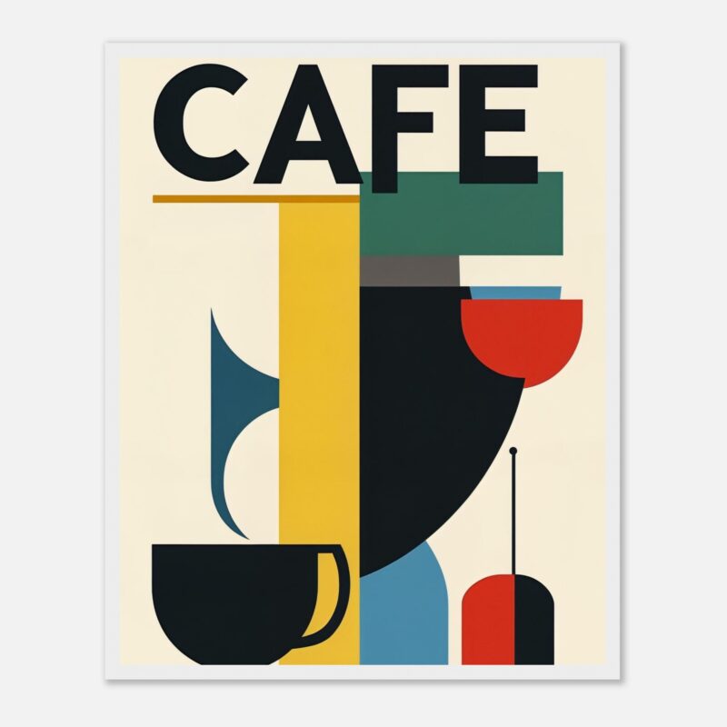 Trazos modernos y coloridos en un cartel de café con estilo abstracto.
