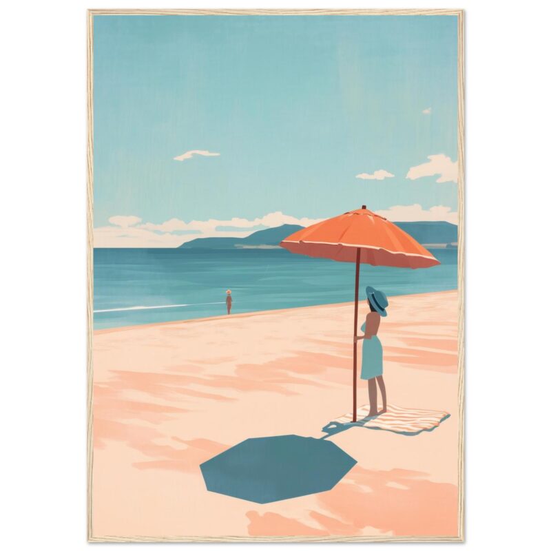 Arpadera en playa con sombrilla y vistas al mar, ilustración digital de estilo veraniego y relajante.