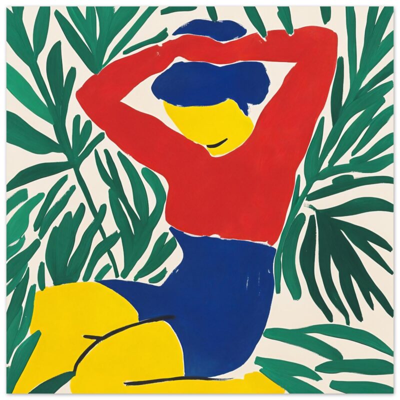 Mujer abstracta con notas de color rojo, azul y amarillo, rodeada de hojas verdes, arte moderno y contemporary.