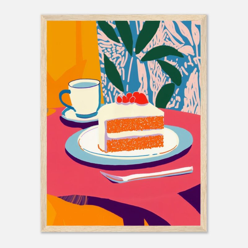Saborea un pastel de zanahoria con crema y frutos rojos en un ambiente colorido y moderno.