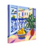 Balcón con plantas y frutas en estilo artístico colorido.