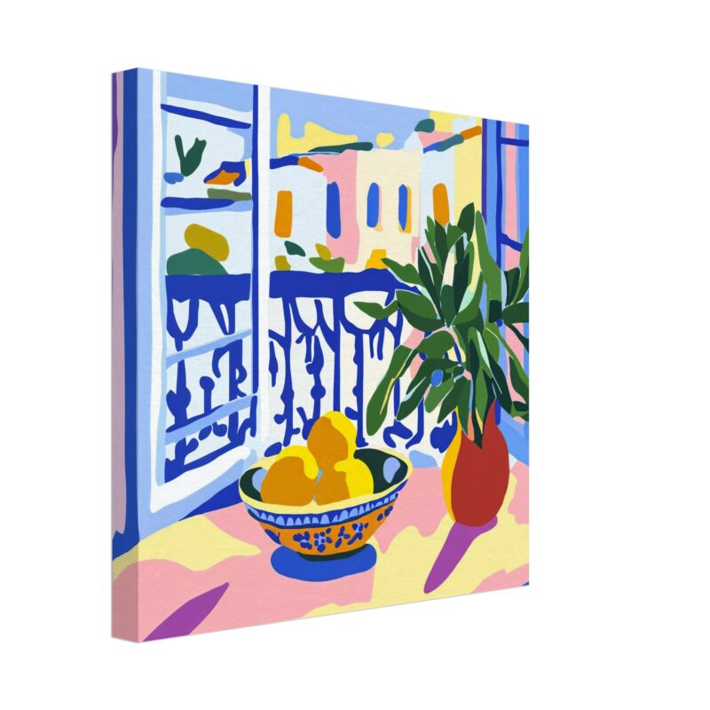 Balcón con plantas y frutas en estilo artístico colorido.