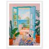 Puerta abierta con vista al mar, estilo pintura vibrante, terraza con plantas y perro en silla de mimbre, ambiente mediterráneo.