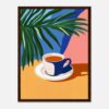 Taza de café con fondo de plantas y colores vibrantes, estilo artístico digital.