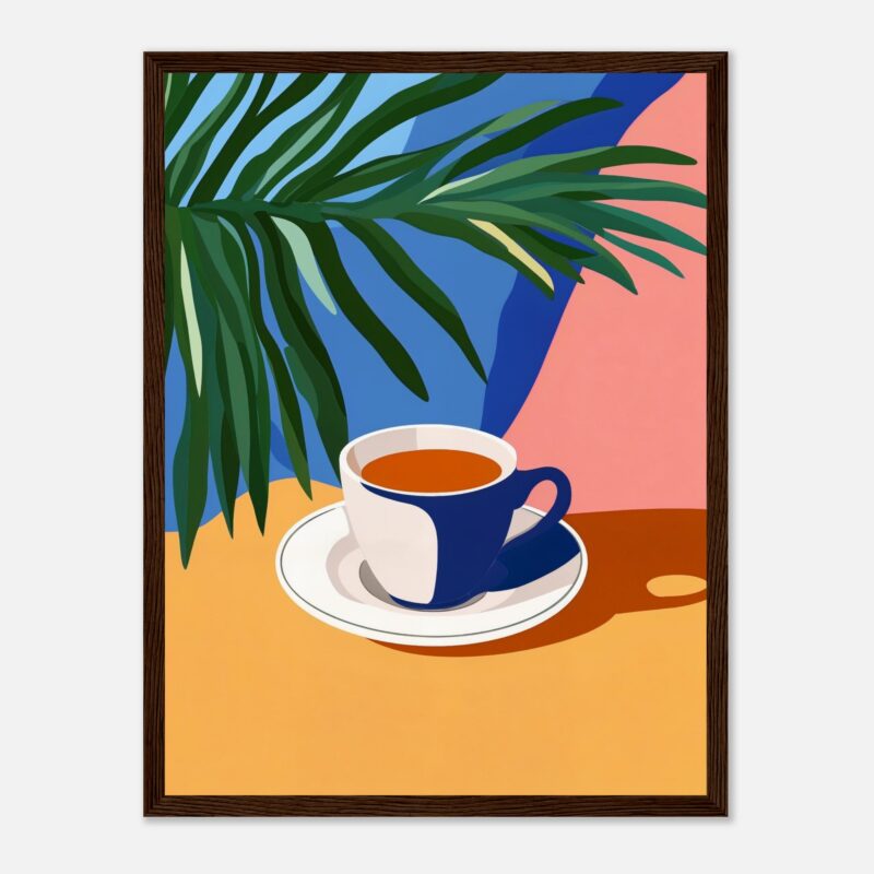 Taza de café con fondo de plantas y colores vibrantes, estilo artístico digital.