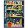 Coloreada pintura de librero con plantas y libros, estilo expresionista, arte contemporáneo, obra de arte moderna, decoración de interiores.