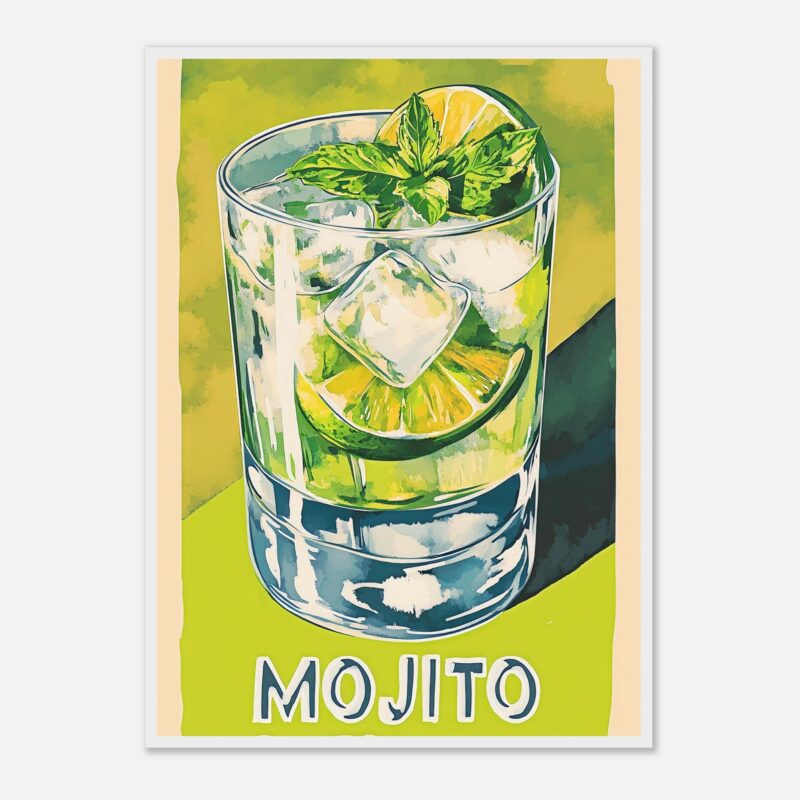 Refresco mojito con hielo, lima, menta y limón, ilustración artística estilo acuarela.