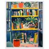 Libros y plantas en estantería, pintura moderna, arte decorativo, estilo colorido, obra de arte digital.