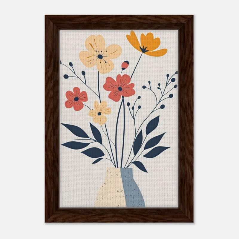 Flores coloridas en jarrón decorativo, arte moderno en estilo minimalista, diseño de pared para hogar y oficina.