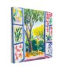 Ventana con vistas de un jardín con árboles y flores en estilo pintura acrílica colorida.