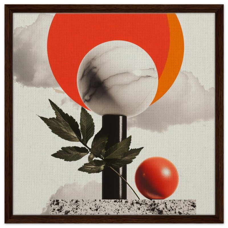 Arte digital abstract, diseño moderno con forma de esfera y elementos naturales, ideal para decoracion y arte contemporaneo.