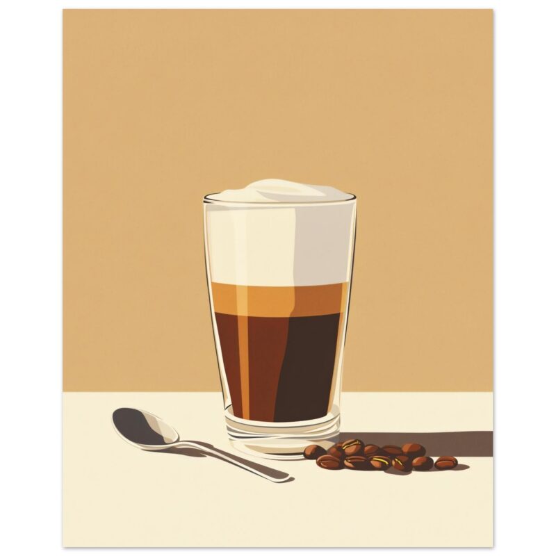 Café con leche en vaso y cucharita, ilustración digital moderna, para amantes del café, arte digital relacionado con cafeterías y bebidas calientes.