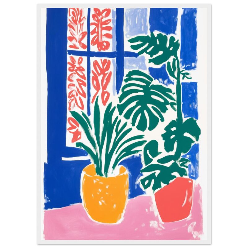 df542f21-502f-44a7-8252-edd596efde27.jpg Tonos vibrantes de plantas en macetas frente a ventana, estilo artístico y moderno, decoración de interiores, arte contemporáneo, ilustración colorida.