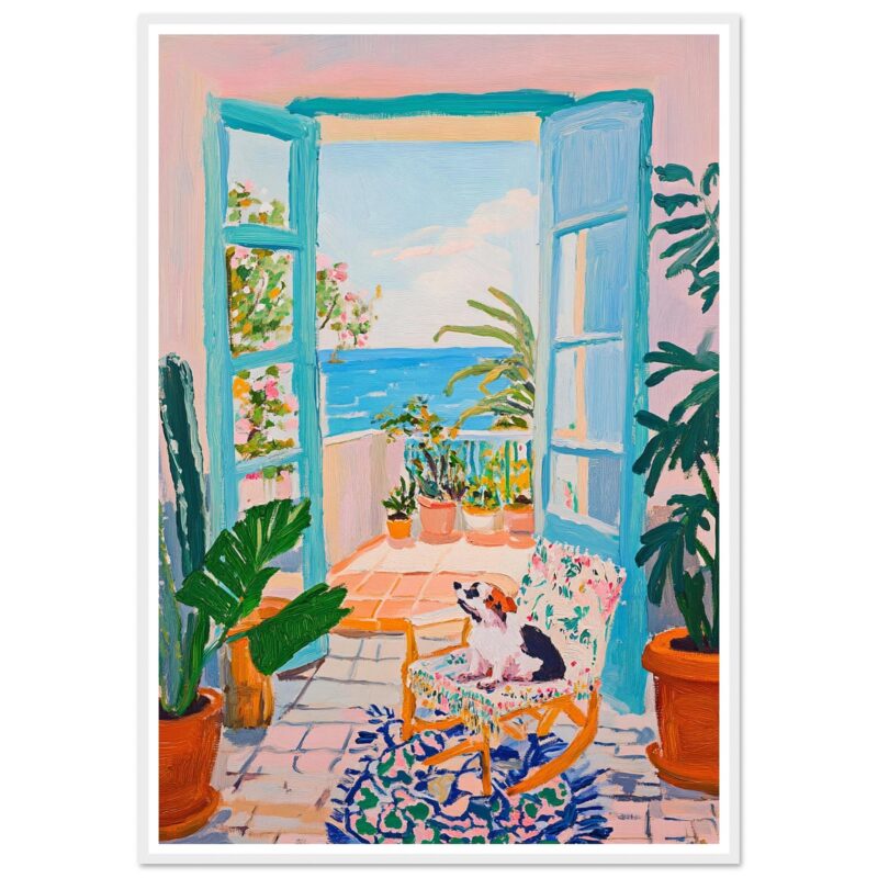 Puerta abierta con vista al mar y plantas en balcón, estilo pintura artística.
