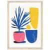 Colores vibrantes en arte moderno con plantas y jarrones abstractos.