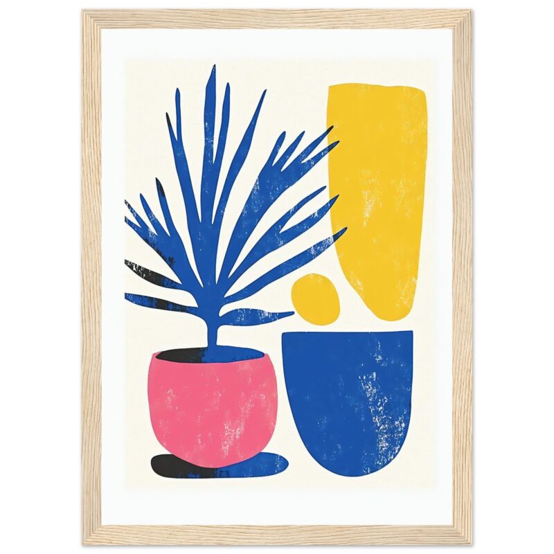 Colores vibrantes en arte moderno con plantas y jarrones abstractos.