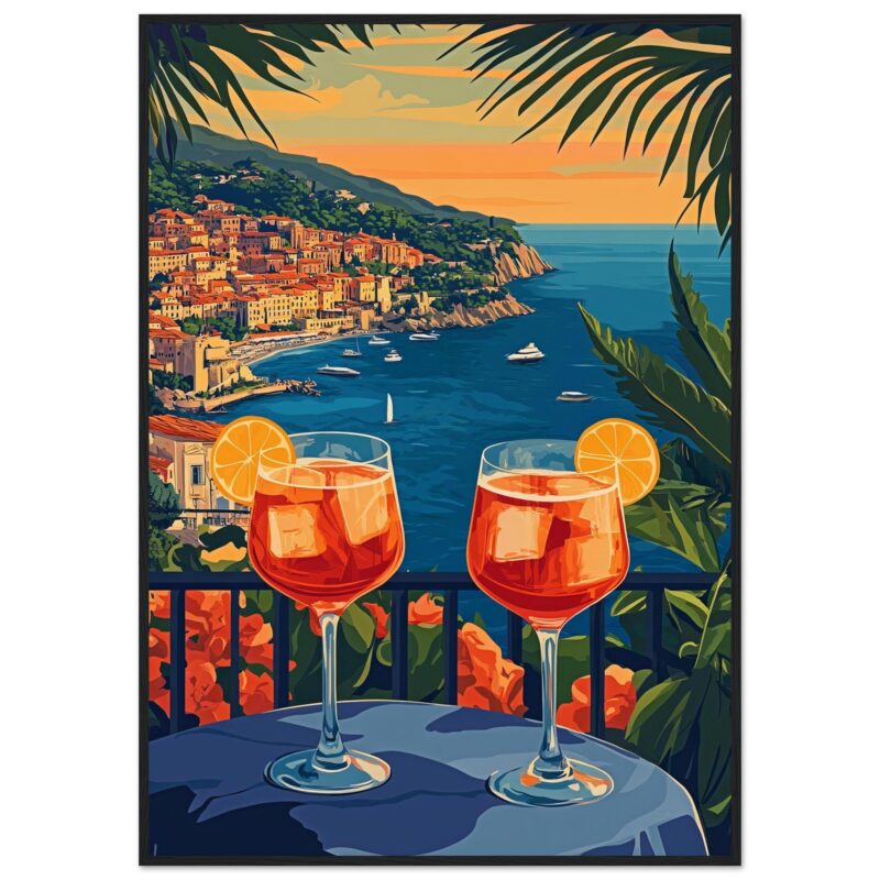 Bebidas con cócteles en terraza con vista a Costa Amalfitana, Italia.