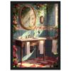 e09380ed-7046-47ff-a363-b20de8542bbf.jpg Vintage bathroom with floral tiles and wooden vanity. Sunlight streaming through the window creating a cozy atmosphere.