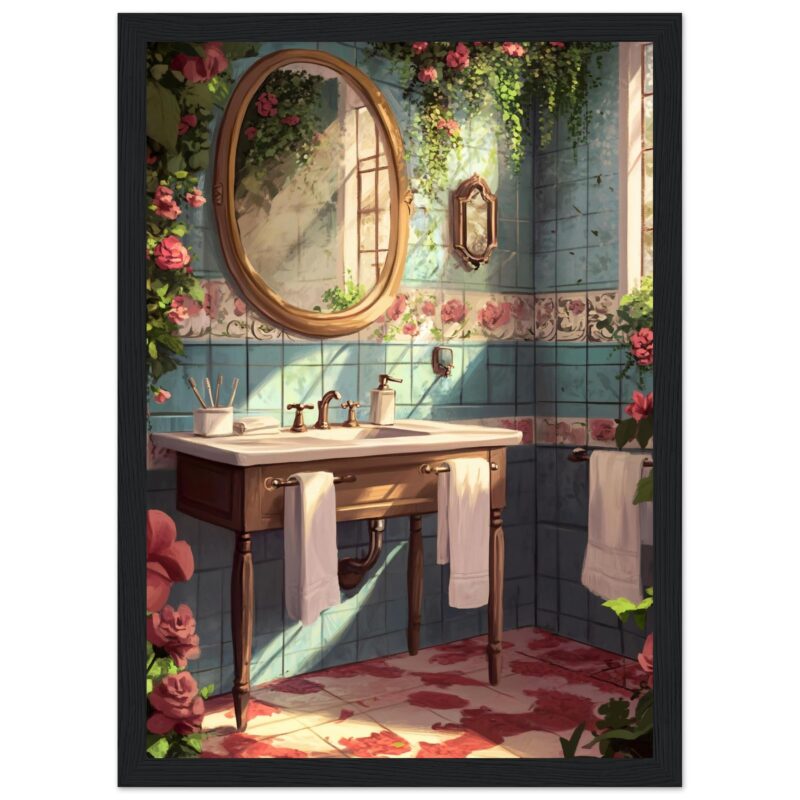 e09380ed-7046-47ff-a363-b20de8542bbf.jpg Vintage bathroom with floral tiles and wooden vanity. Sunlight streaming through the window creating a cozy atmosphere.