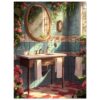 e09cbb2f-c2f7-4592-a6ea-2473368aef0f.jpg Reflejo dulce del estilo vintage en un baño con azulejos florales y vegetación, creando un ambiente acogedor y romántico.