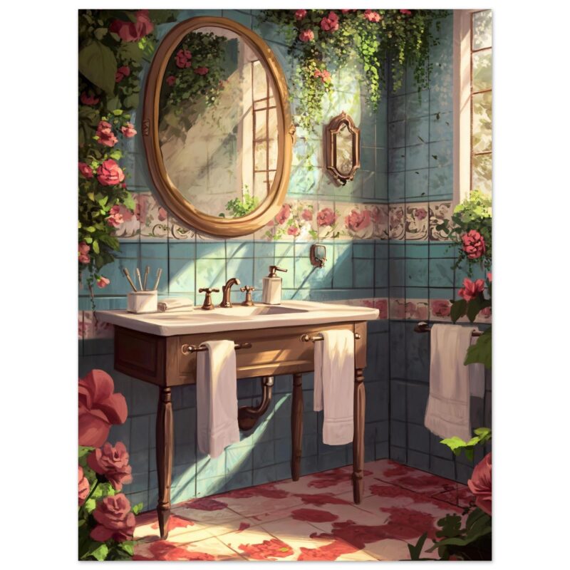 e09cbb2f-c2f7-4592-a6ea-2473368aef0f.jpg Reflejo dulce del estilo vintage en un baño con azulejos florales y vegetación, creando un ambiente acogedor y romántico.