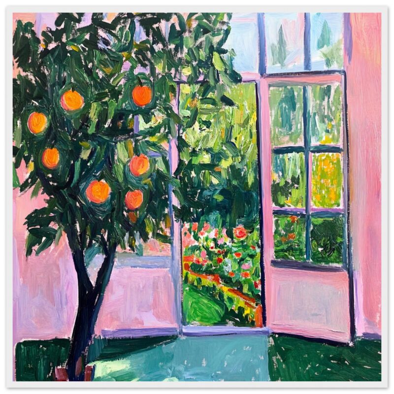 Naranja en árbol frutal junto a ventana de estilo pintura expresionista.