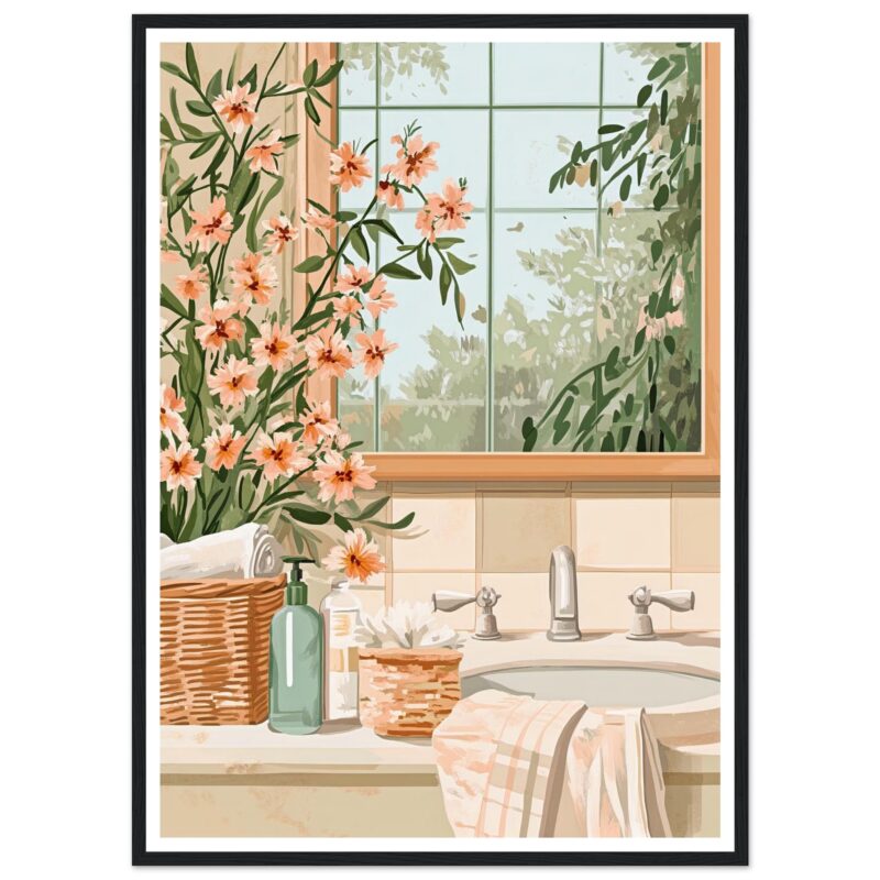 Azul, rosa y verde con decoración de flores en el baño, vista a un jardín a través de la ventana.