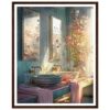 Espejo decorativo con jardineras y flores en un baño con estilo vintage, ideal para proyectos de diseño de interiores y arte digital.