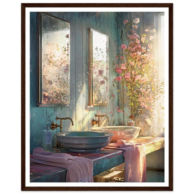 Espejo decorativo con jardineras y flores en un baño con estilo vintage, ideal para proyectos de diseño de interiores y arte digital.
