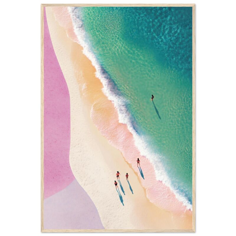 Atardecer en la playa con olas suaves y cuatro personas disfrutando del mar, arte digital colorido y moderno.