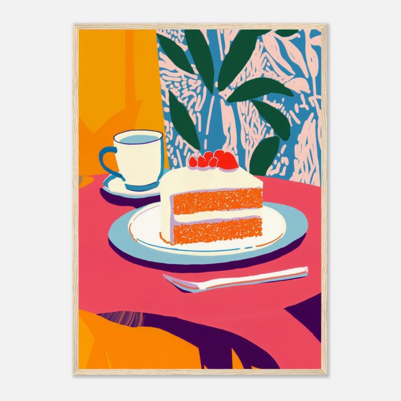 Pastel de zanahoria y té en ambiente colorido.