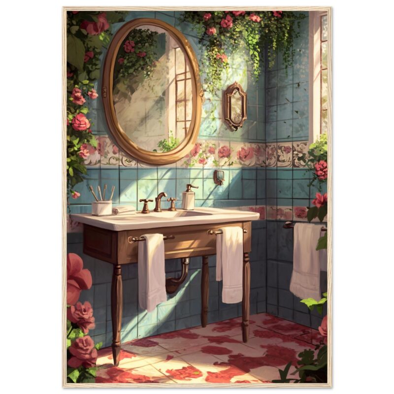 e1bb95a8-e16b-4bb3-b3b4-acb91232fe6d.jpg Cabecera de baño con azulejos azules y detalles florales, espejo oval y accesorios vintage, ambiente luminoso y acogedor con plantas y toque rústico.