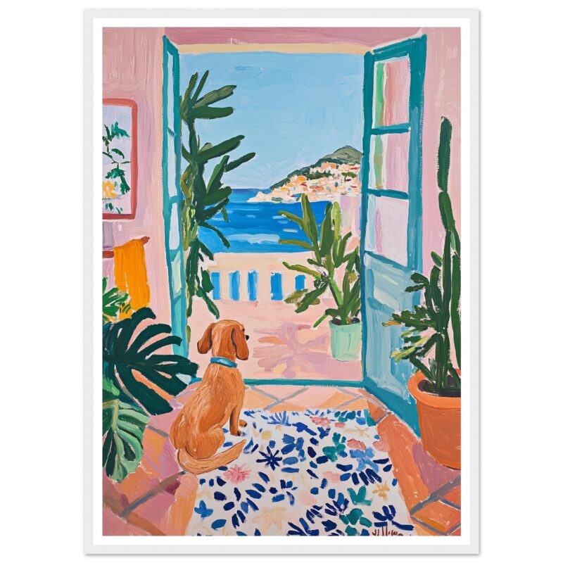 Perro sentado viendo la vista al mar desde una terraza con plantas tropicales, estilo pintura impresionista.