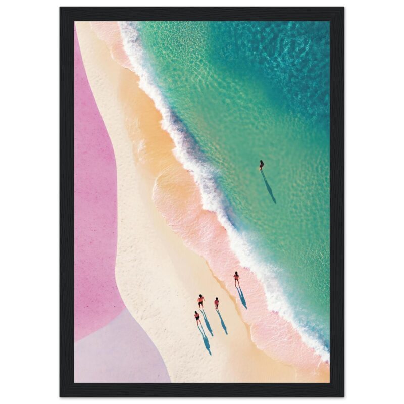 Crea una imagen de una playa vista desde arriba con olas turquesas y arena en tonos pastel.