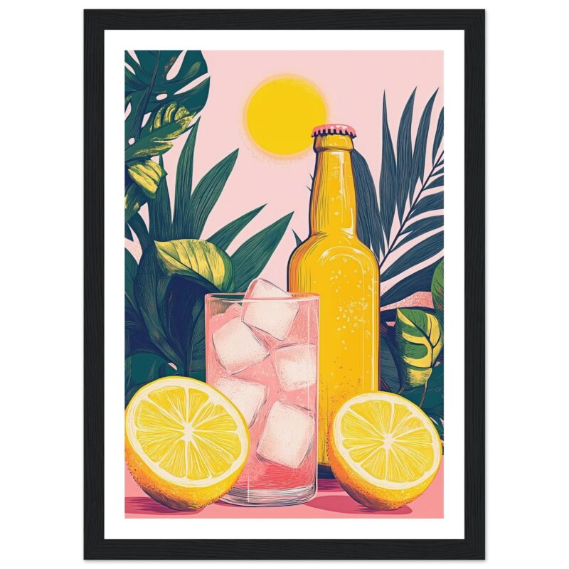 Vaso con hielo, botella de cerveza y limones con hojas tropicales en fondo soleado.