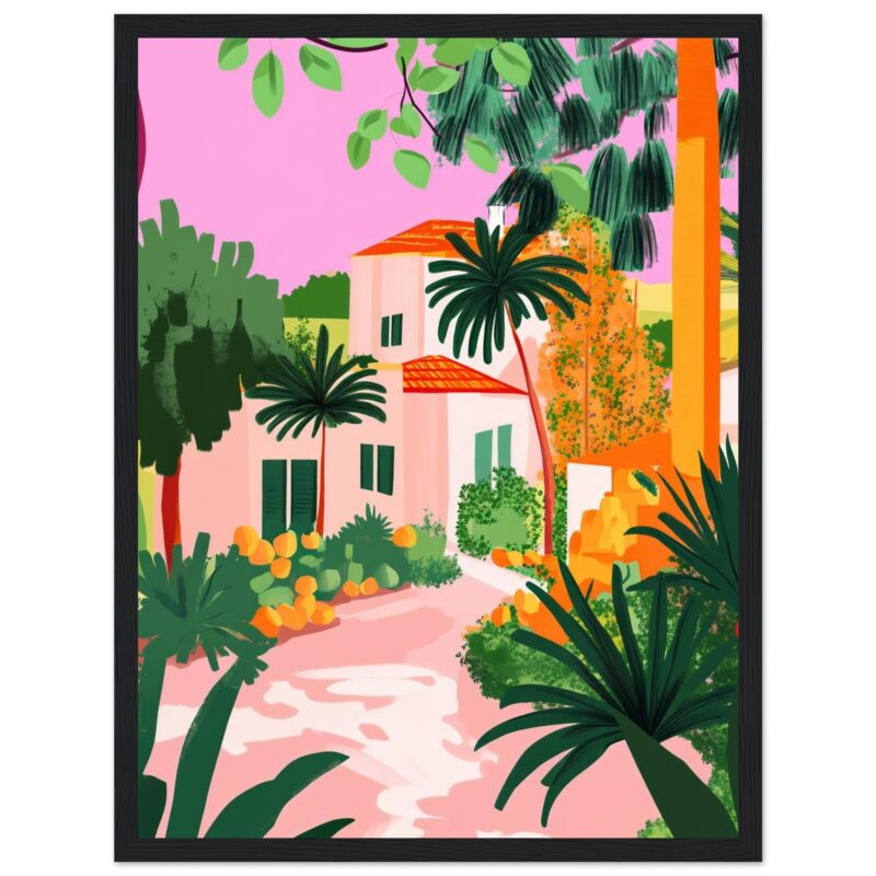 Colorida ilustración digital de una casa en un entorno tropical con árboles y plantas.