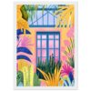 Ventana azul con jardín tropical colorido en estilo digital.