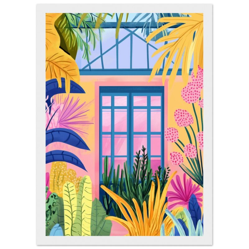 Ventana azul con jardín tropical colorido en estilo digital.